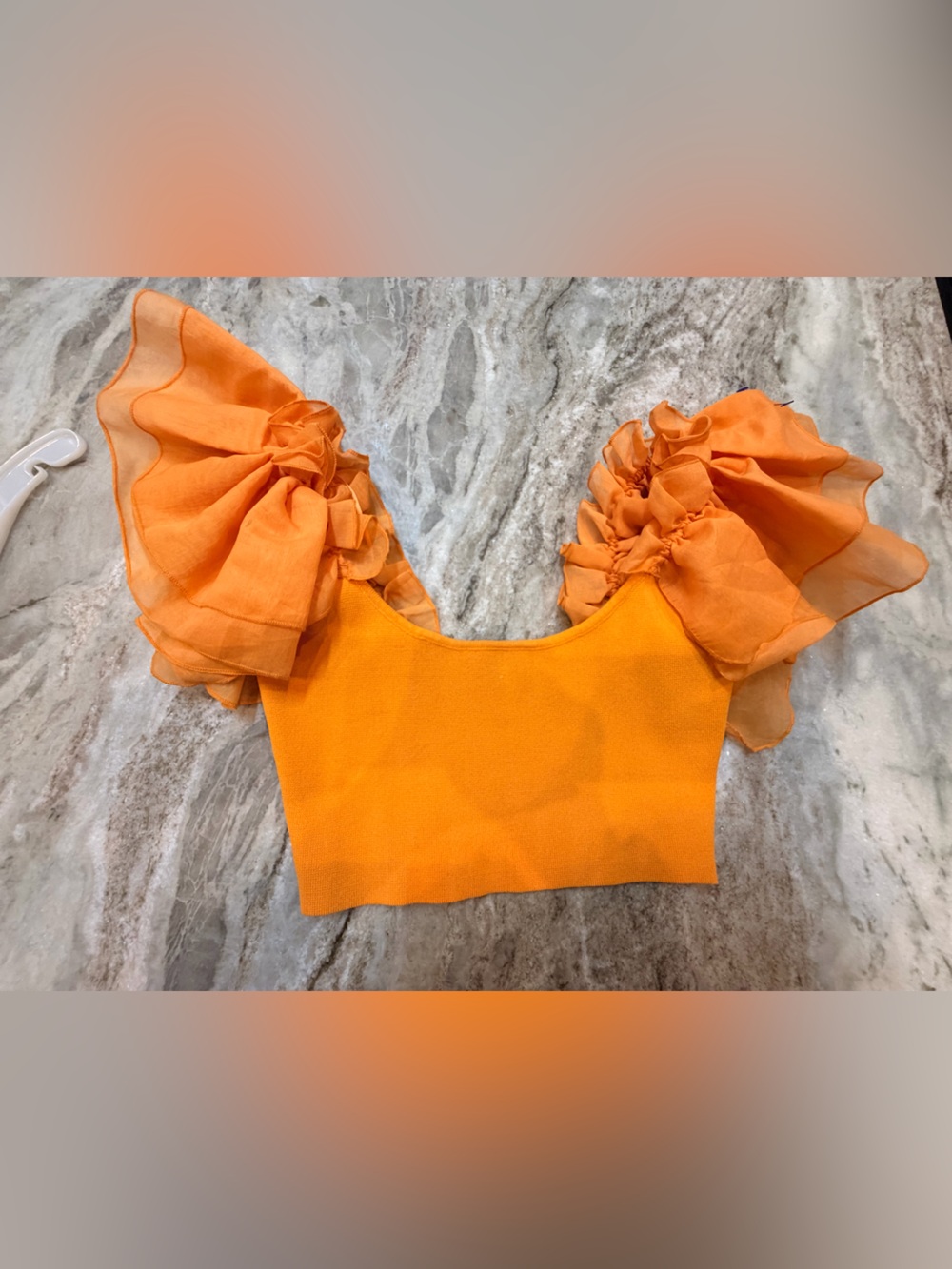 Zara Orange Combination Organza Ruffle Sleeve Knit Crop Top S